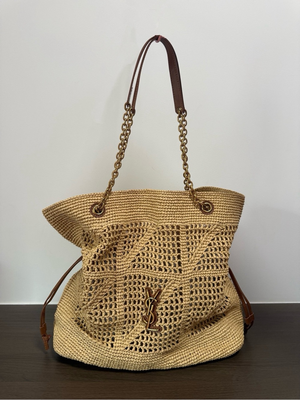 Saint Laurent Natural Raffia Woven Tote with Gold YSL Logo